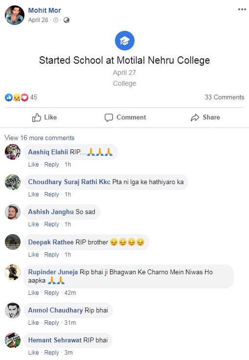 Mohit Mor Facebook Wall - Mohit's facebook timeline is overflowed with condolence messages.