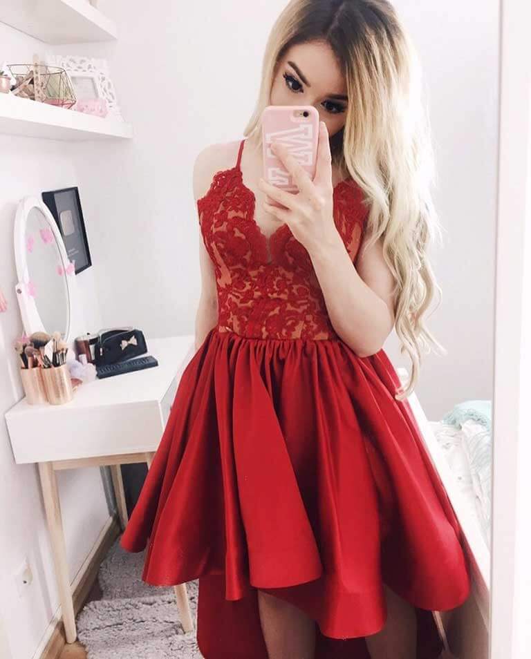 Rebekah Wing in a red dress